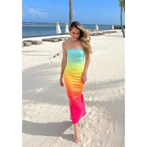NWT RuNAWaY Malibu Midi Dress Rainbow Ombre Strapless Sequin Bodycon Size L